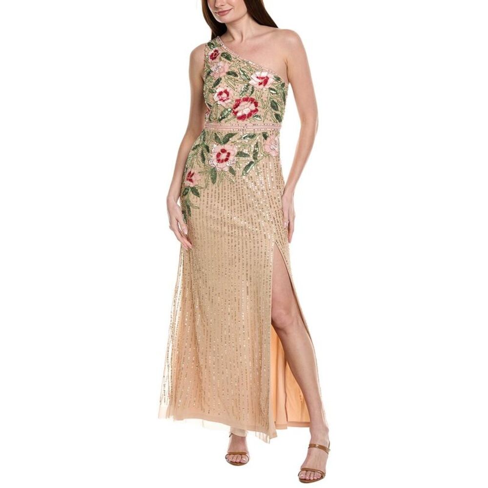 Adrianna Papell Womens  One-Shoulder Floral Sequin Bead Gown, Brown